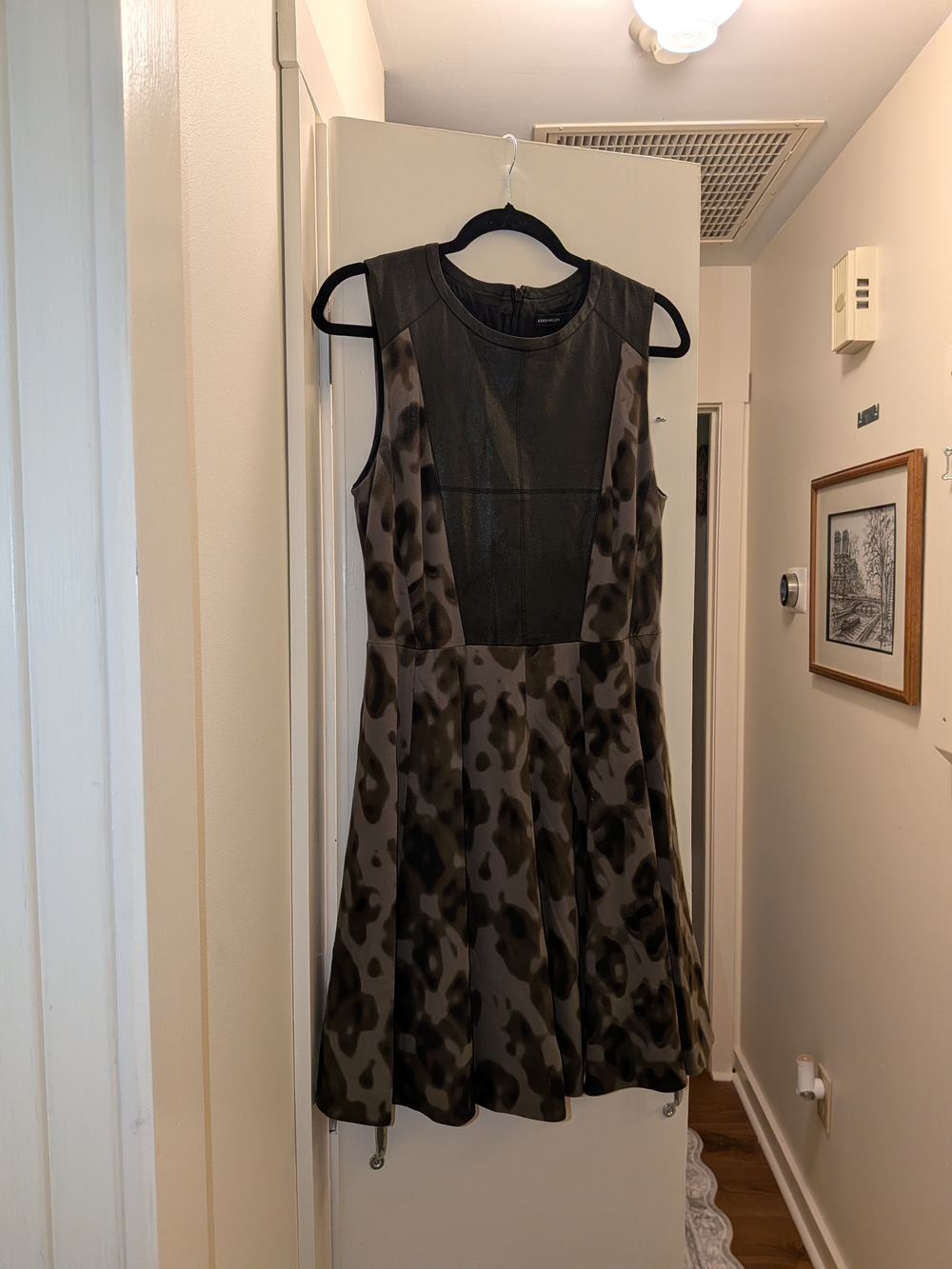 Karen Millen Black Leather Panel Camouflage Fit & Flare Dress 10